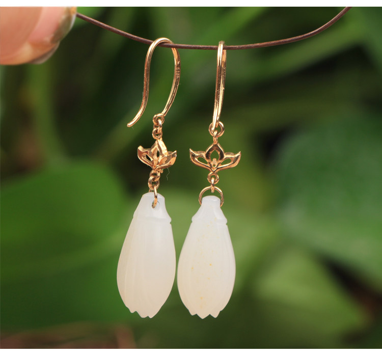 梵峙玉兰花耳钉耳环镶嵌金镶嵌天然18k白玉羊脂耳饰