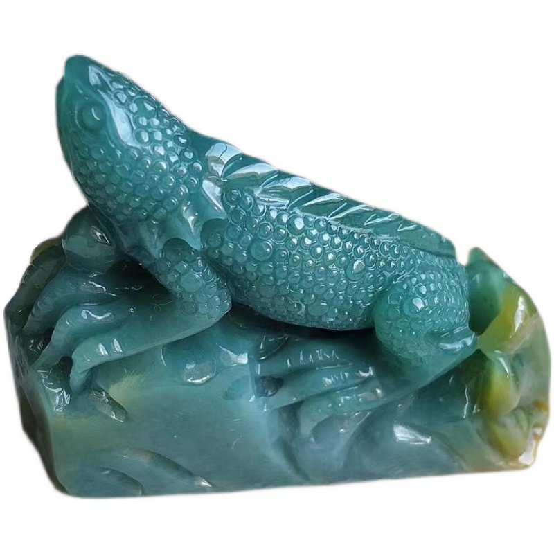 黄翡翠翡翠蜥蜴茶宠蓝水双彩玉雕土龙生生不息四脚珠宝奇石