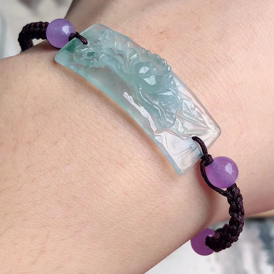 天然翡翠冰种飘花高冰起光阳手牌貔貅龙鱼荷花花鸟手链