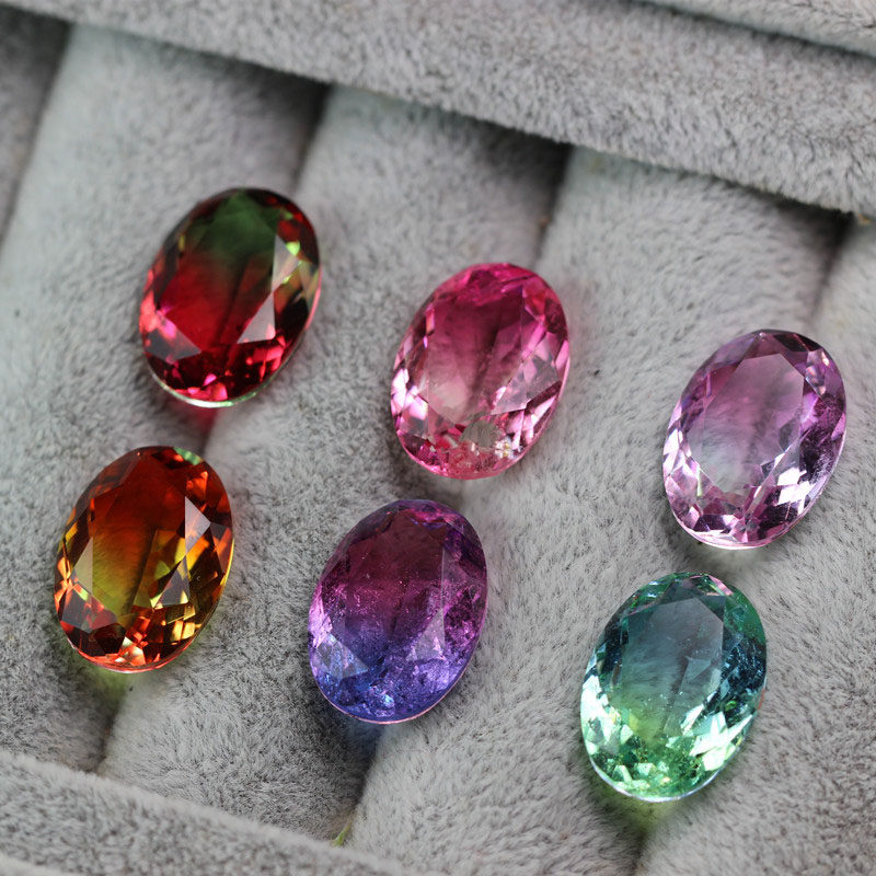 椭圆双色西瓜碧玺渐变变色糖果彩虹合成彩色宝石其它首饰