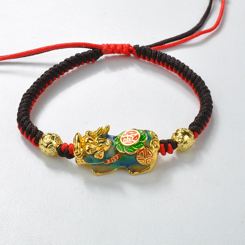 金店同款越南沙金纯铜感温变色貔貅绳编龙结手链