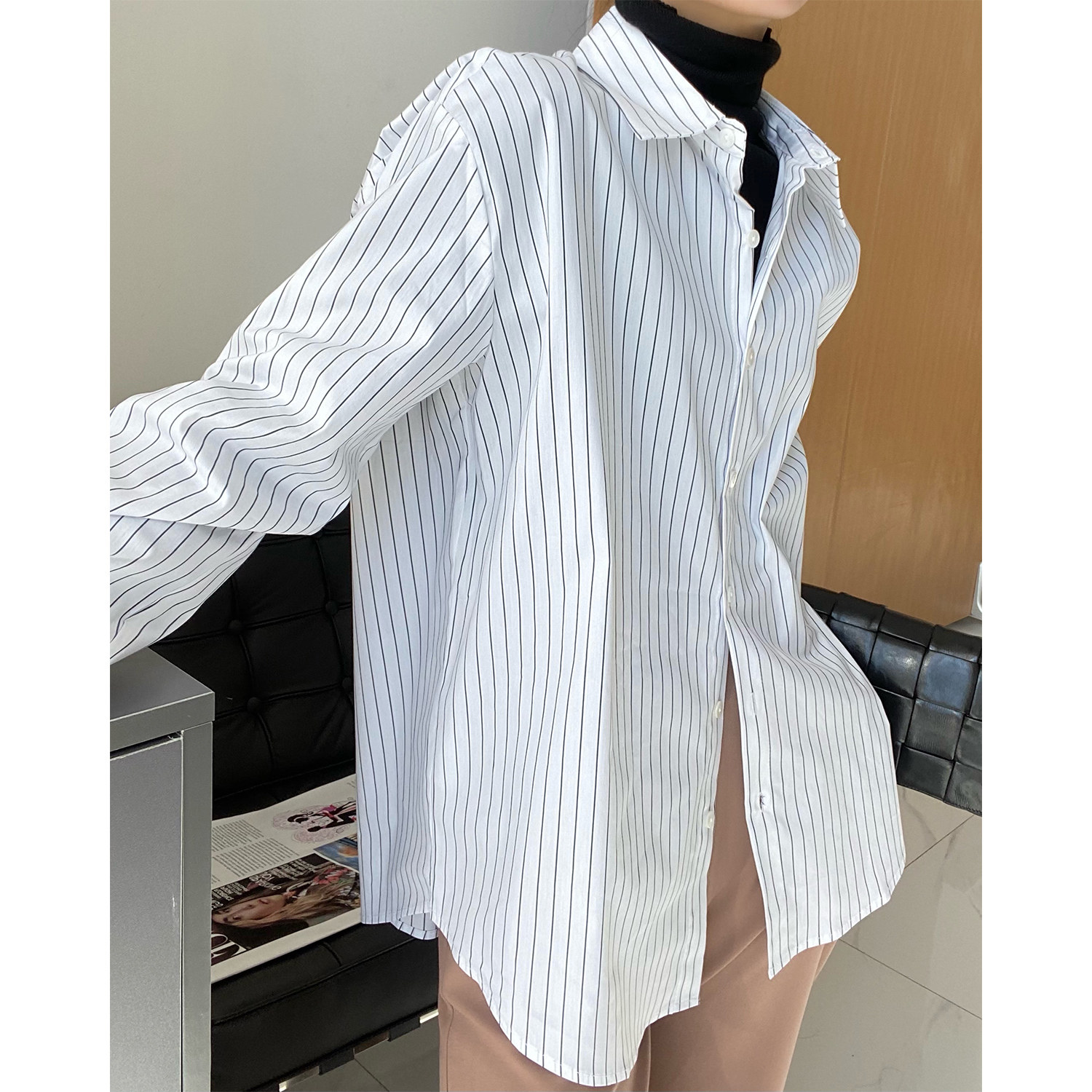 设计oversize衬衫白衬衫细条纹春秋百搭长袖衬衣宽松衬衫