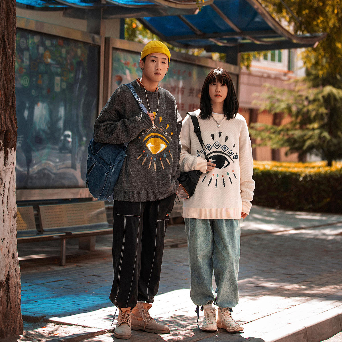 净化眼球自制 眼球提花圆领ins毛衣男宽松潮牌休闲情侣针织衫线衣