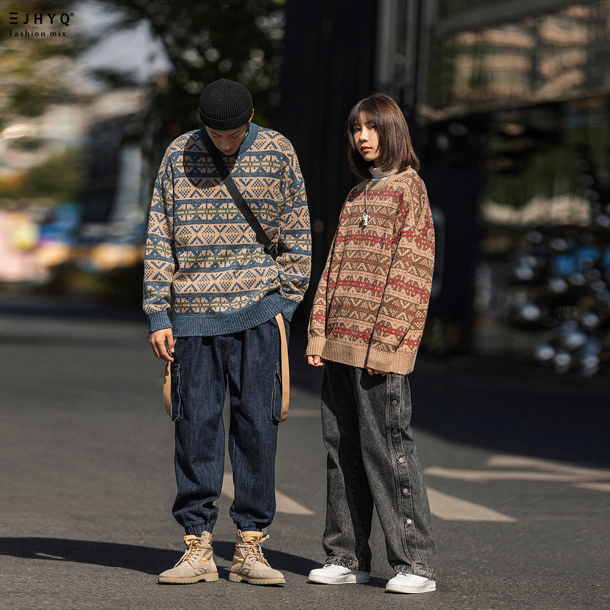 净化眼球冬季自制宽松圆领针织衫几何图案休闲男女款毛衣外套