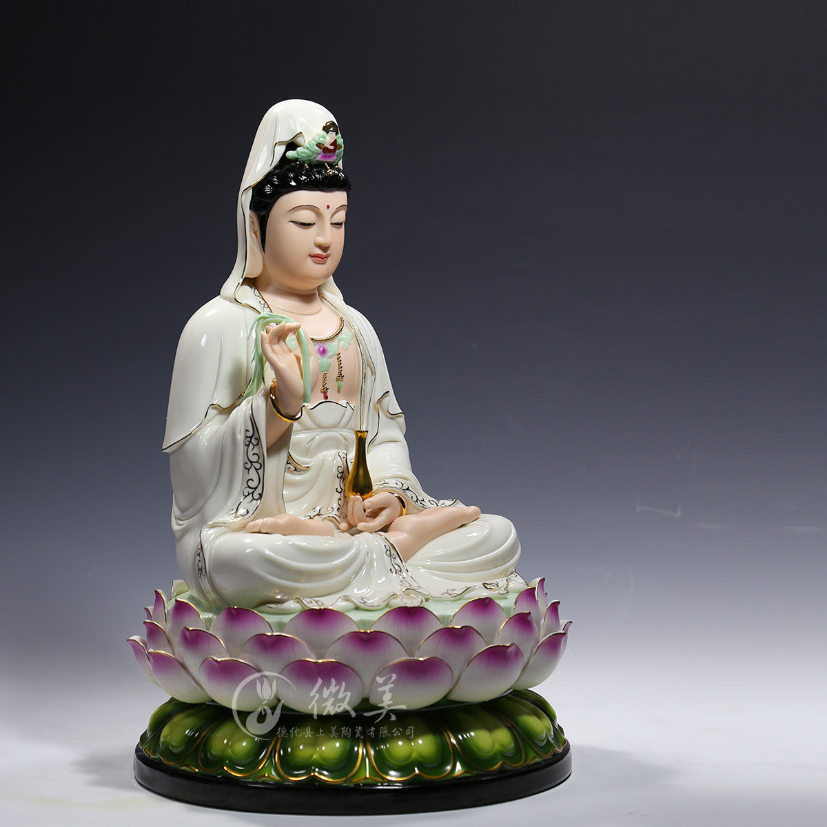 德化陶瓷9吋至19吋坐莲观音佛像供奉观世音菩萨居家客厅开光摆件