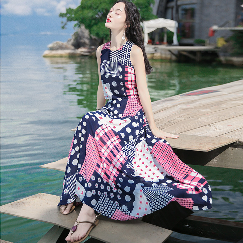 夏季马尔代夫沙滩裙海边度假超仙性感两件套装无袖雪纺连衣裙长裙