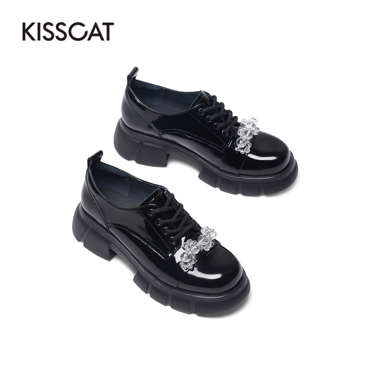 接吻猫2022春季新款简约学院系带潮流圆头中跟乐福鞋豆豆鞋