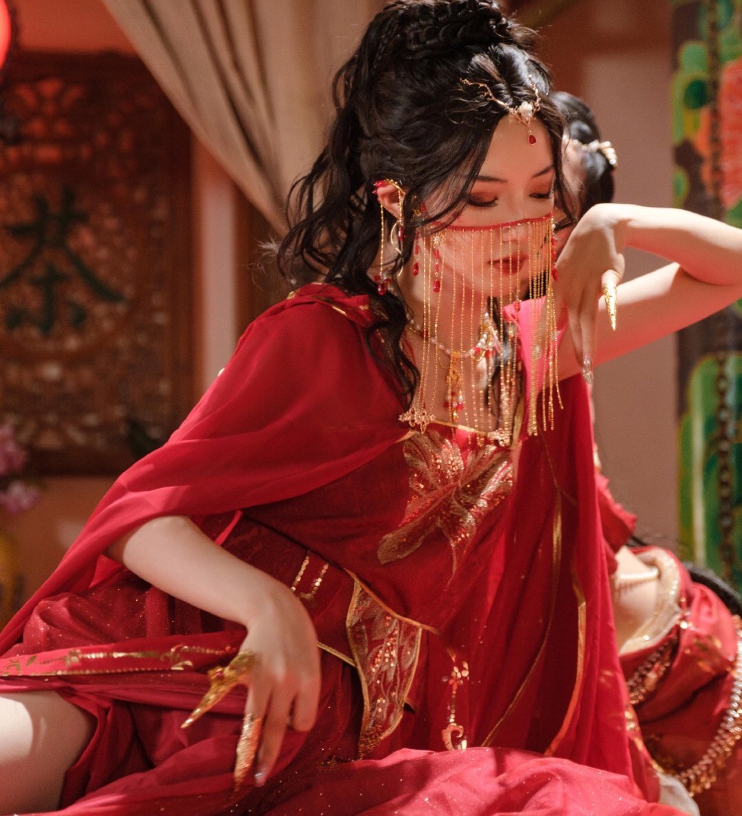 党妹同款面帘古风遮脸流苏真丝汉服发饰秘宫