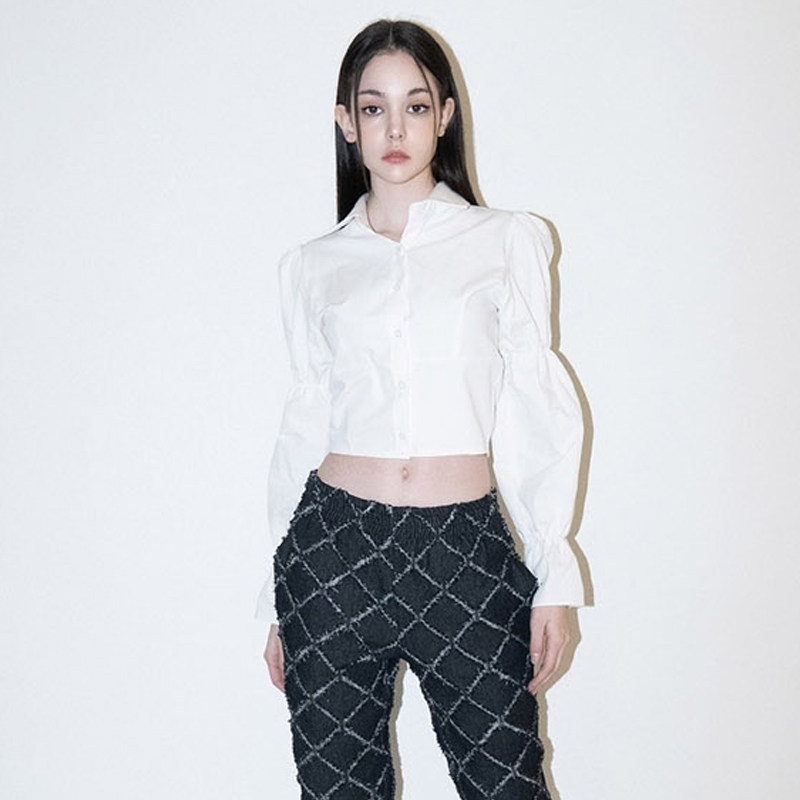 abletwo冬季新款纯色简约蓬松紧身衬衫时尚衬衫