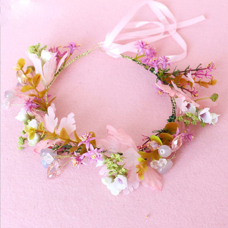 花环热销新款儿童手工串珠粉色仿真桃花女童发饰