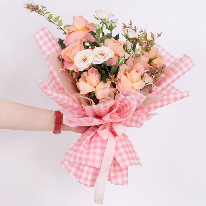 鲜花格纹韩素包装材料七夕新品包装纸防水花束纸青花艺包装纸