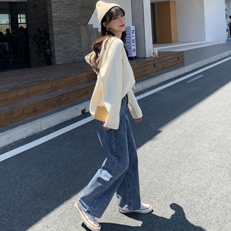 高腰垂感2019宽松直筒泫雅显瘦阔腿裤女秋冬季加绒牛仔裤女黑色潮