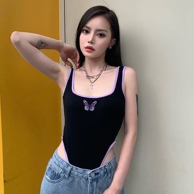 欧美ins包边撞色蝴蝶印花连体衣女夏季修身百搭显瘦透气吊带背心