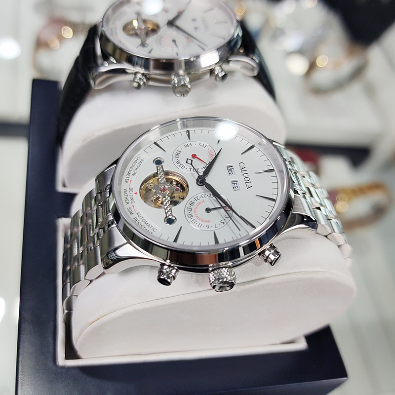 卡罗莱男士手表机械表时尚品牌镂空飞轮防水真皮带手表男精钢男表