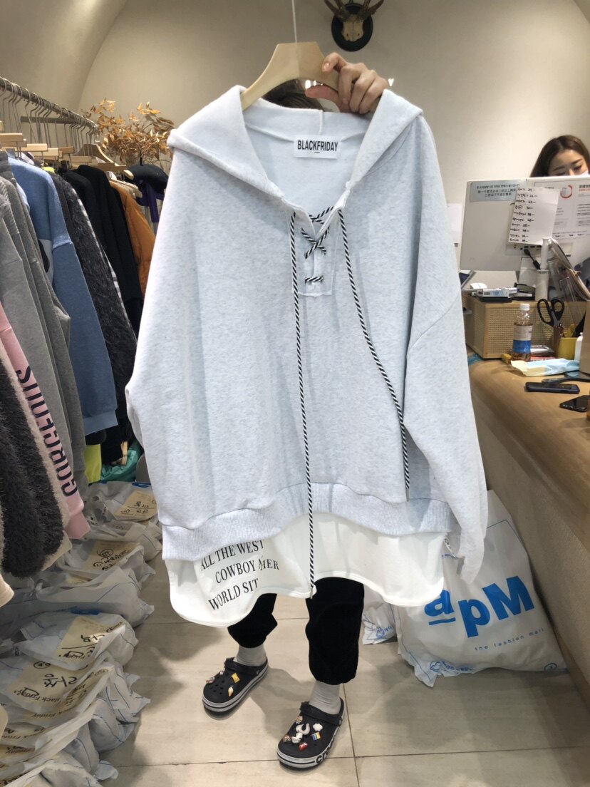 现货秒发huohuo韩国东大门春季休闲系带字母下摆卫衣