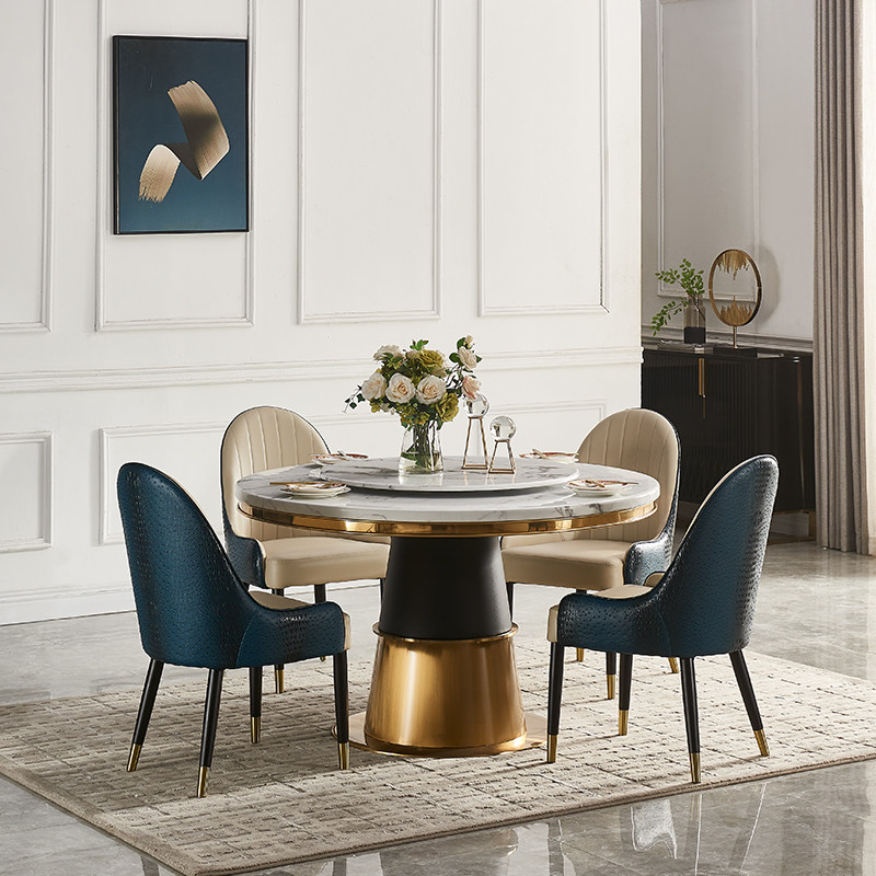 轻奢后现代大理石圆餐桌椅组合带转盘家用客厅简约别墅设计师圆桌