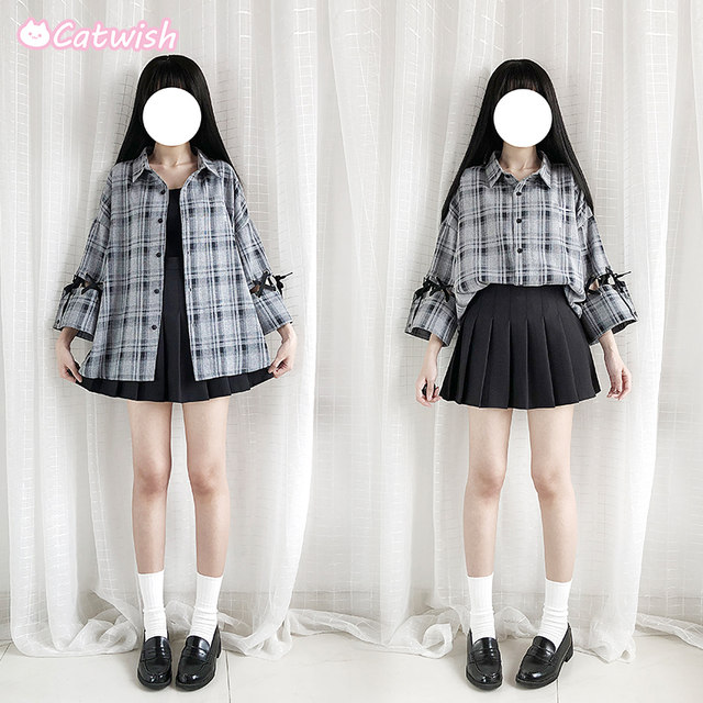Cat ready to original gray plaid shirt jacket Harajuku cool handsome stitching straps hollow Cat ready to original gray plaid shirt jacket Harajuku cool handsome stitching straps hollow