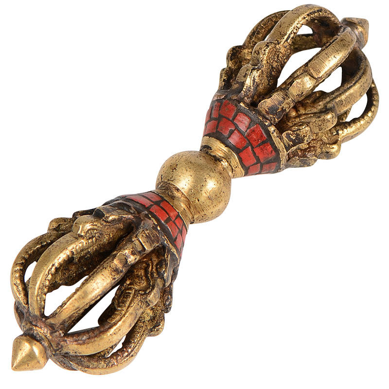 金刚欧斯特尼泊尔铜造镶嵌绿松松石九股大号宝杵摆件