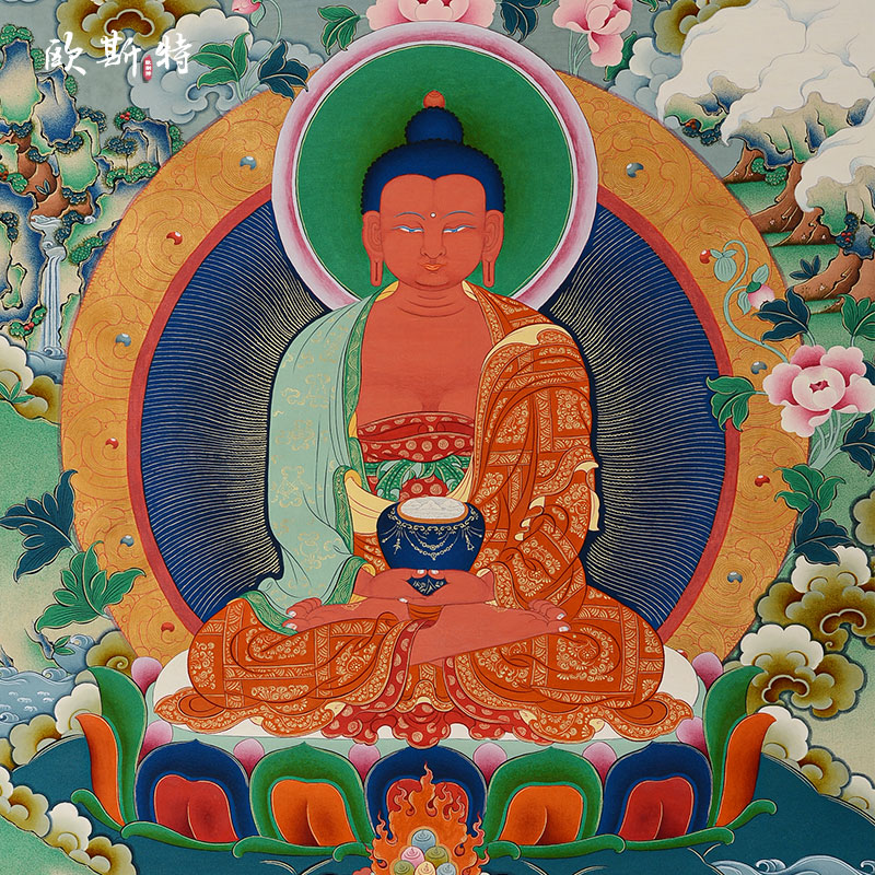 欧斯特阿弥陀佛佛像手绘唐卡矿物颜料画心24k金装现代装饰画