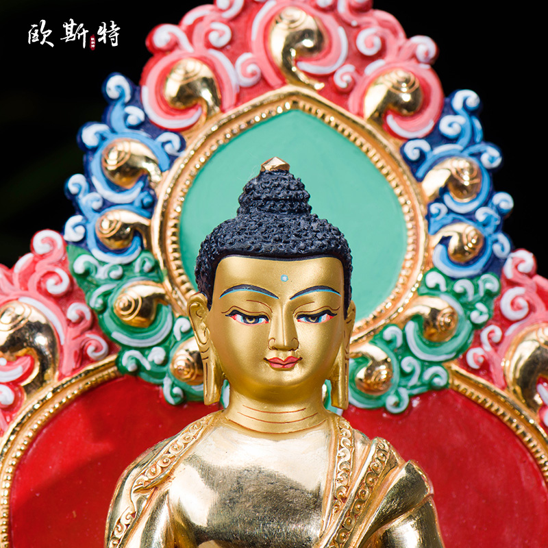 释迦摩尼藏传佛教密宗佛像尼泊尔7寸全鎏金带背光释迦牟尼佛像