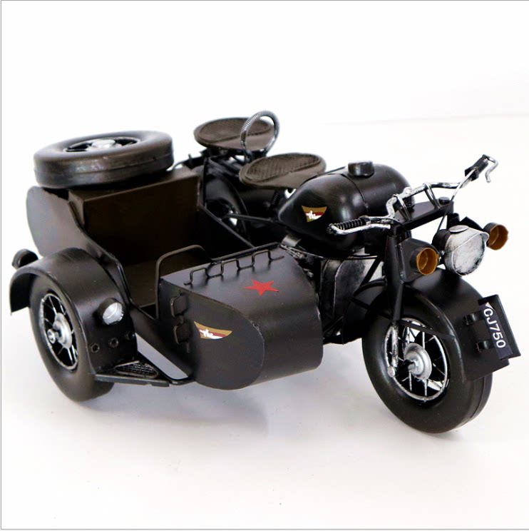 民国复古长江挎斗三轮摩托车模型摆件酒店铁艺摆件