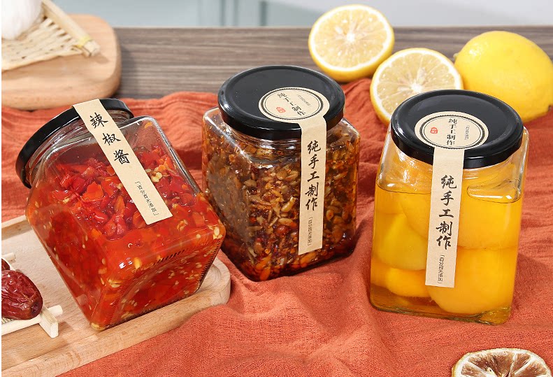 四方玻璃瓶蜂蜜瓶2斤装密封罐辣椒酱果酱瓶储存罐玻璃罐透明空瓶