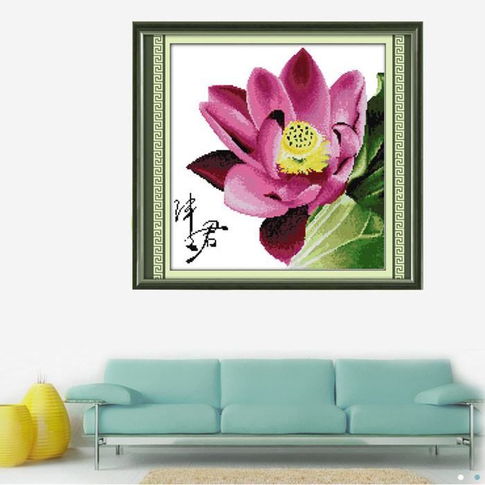 印花十字绣荷花简约现代花卉新款客厅卧室书房小幅十字绣套件