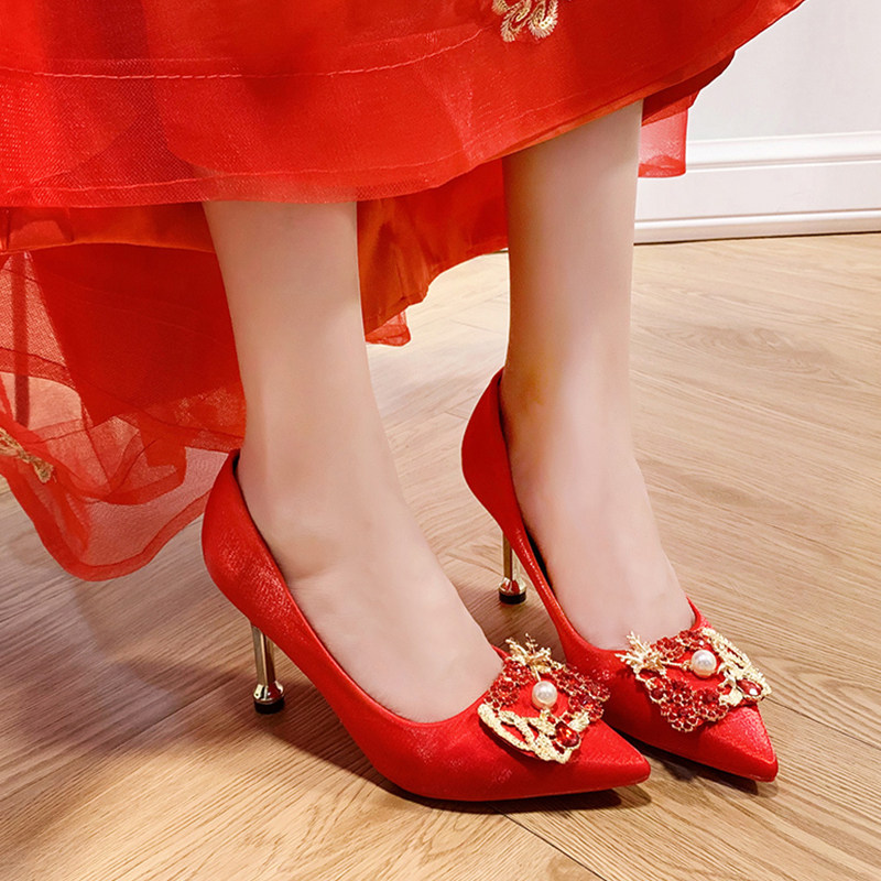 秀禾服婚2020年新款孕妇红色结婚高跟高跟鞋鞋猫单鞋
