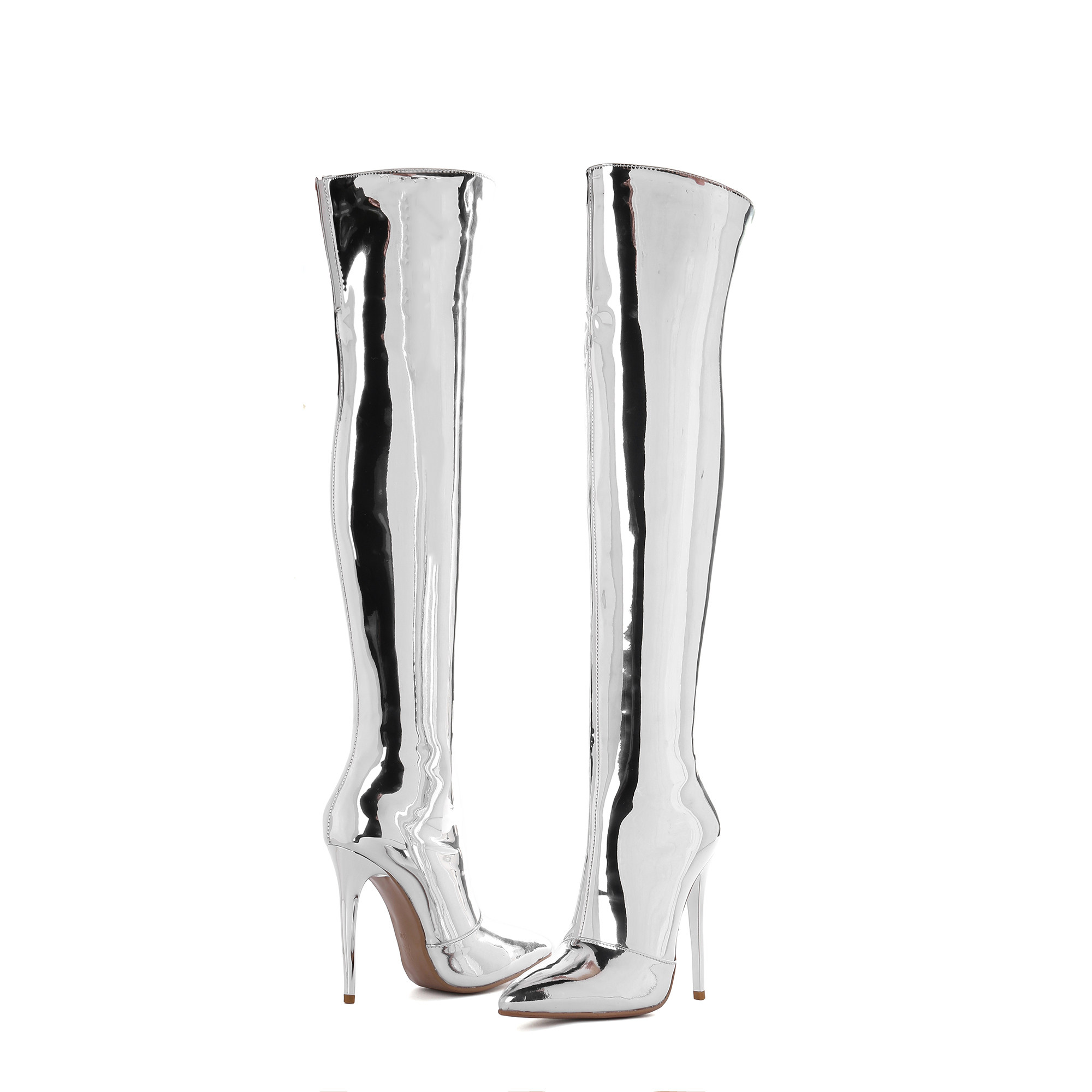 镜面亮漆皮高跟长靴细跟尖头过膝靴金色银色舞台表演夜店走秀女鞋