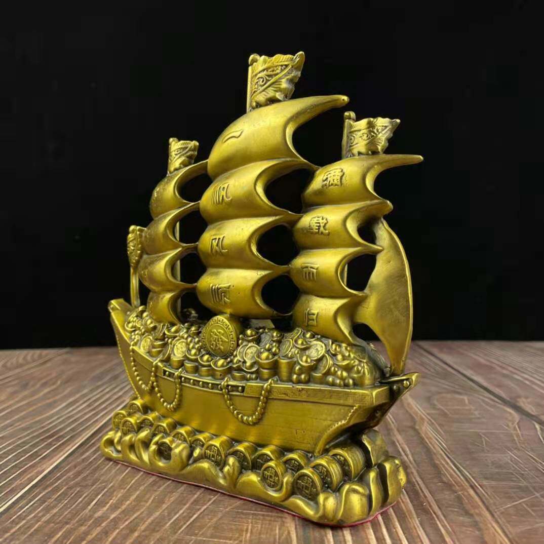开光纯铜一帆风顺帆船招财龙船一帆风顺发财船乘风跛浪龙船铜摆件