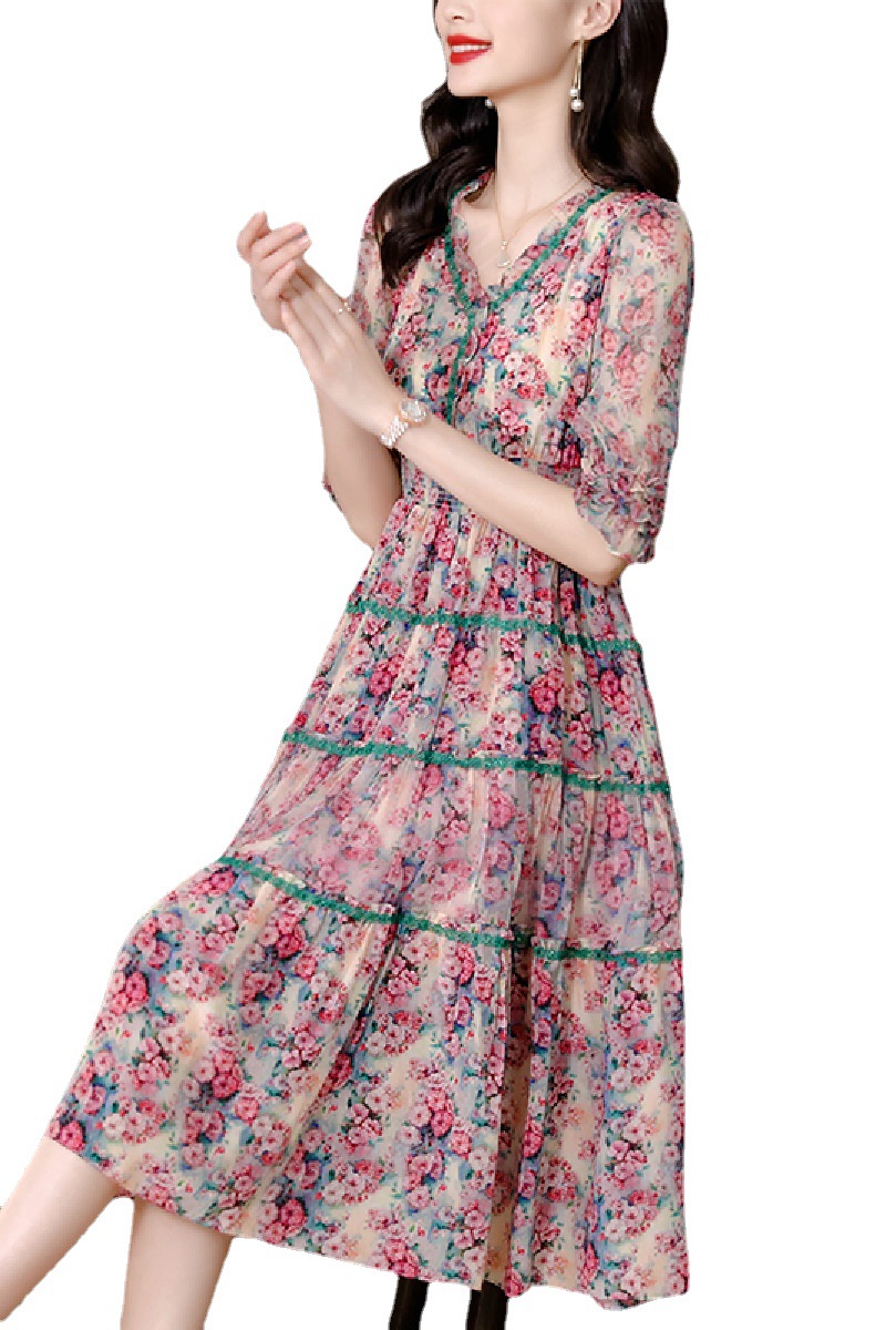 正品 新潮流夏季重磅真丝连衣裙女春装年新款时尚气质碎花桑蚕丝