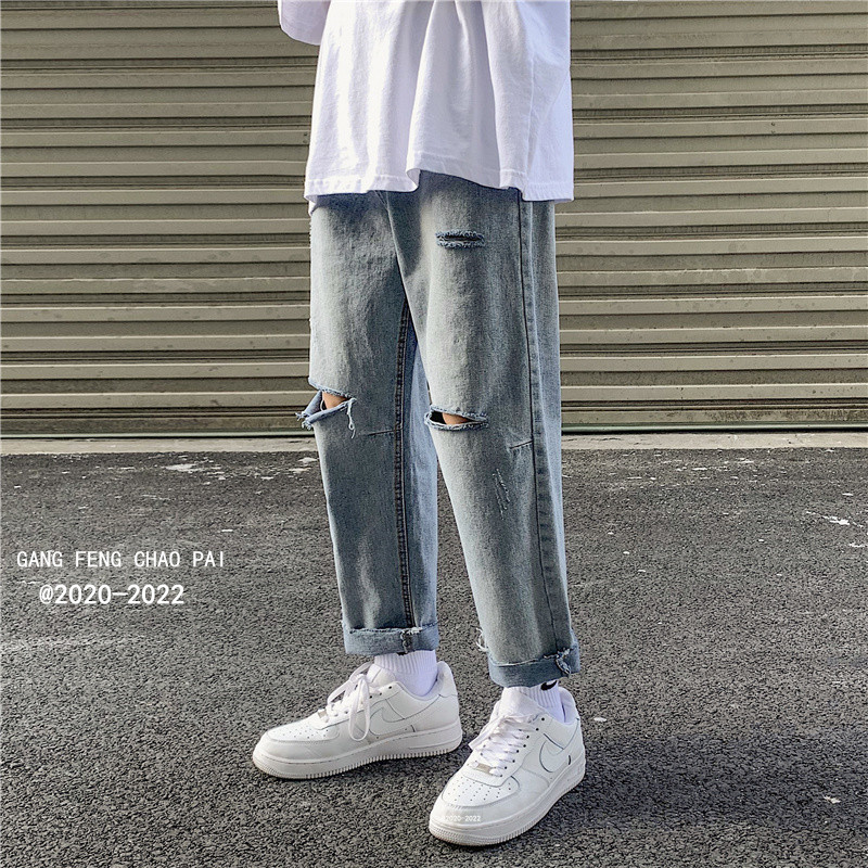 破洞牛仔裤男夏季薄款高街潮牌九分宽松直筒坠感阔腿乞丐刮烂裤子