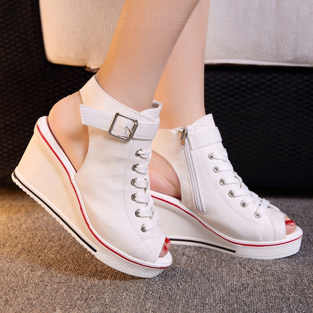 夏季鱼嘴高帮帆布鞋韩版坡跟内增高8cm松糕学生帆布鞋