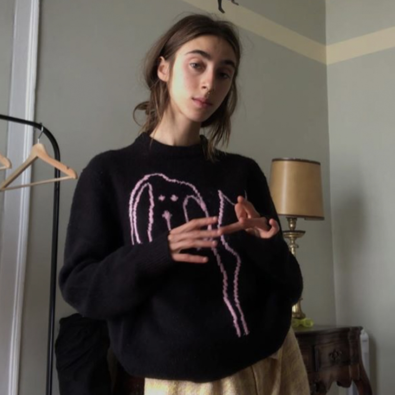 VintageTang美式复古黑色卡通圆领套头针织衫毛衣女宽松上衣吉叁