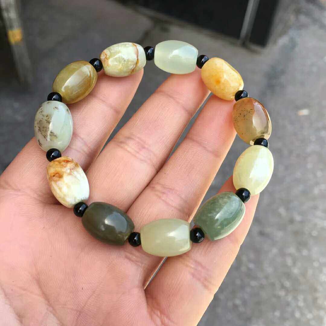 手链纯天然岫玉单圈手串花玉手女款桶珠滚珠花料手链