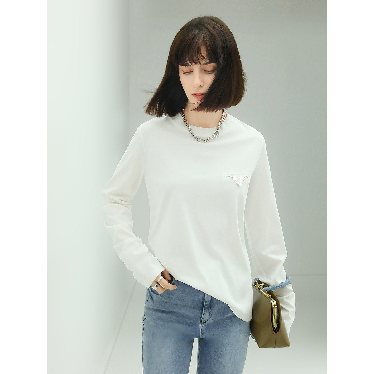 cocobella时尚三角标长袖t恤女秋舒适锌玉纤维棉上衣ts88c