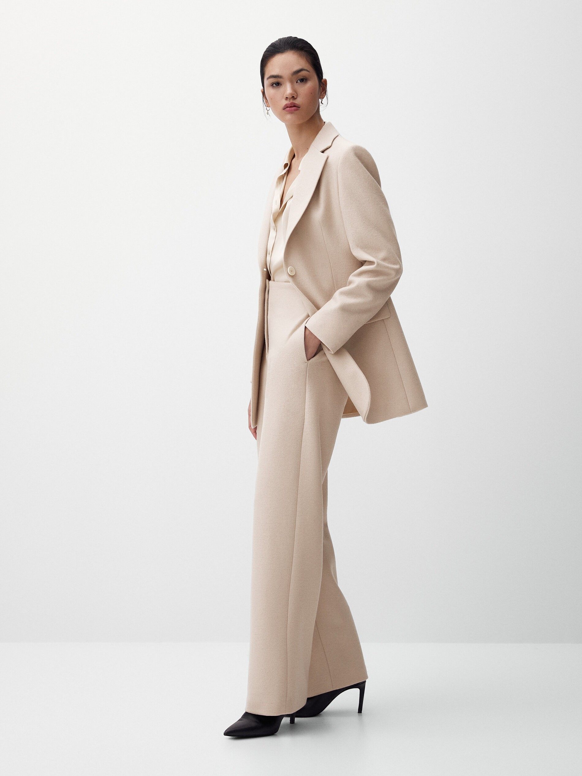 massimodutti女装米白色通勤风女士高腰直筒羊毛西装长裤05075