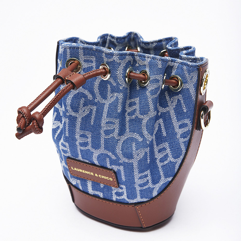 laurencechico牛仔单肩包抽绳抽绳牛皮拼接时尚百搭花盆女士包袋