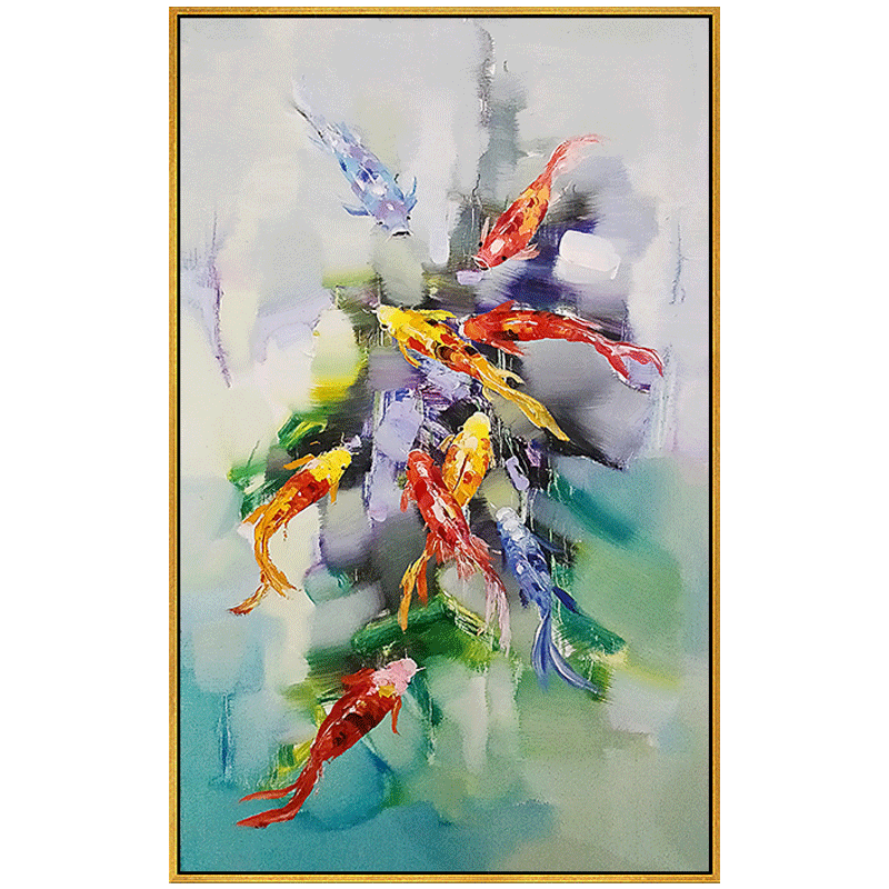 九鱼风水招财竖版过道中式图纯新中式装饰画玄关油画
