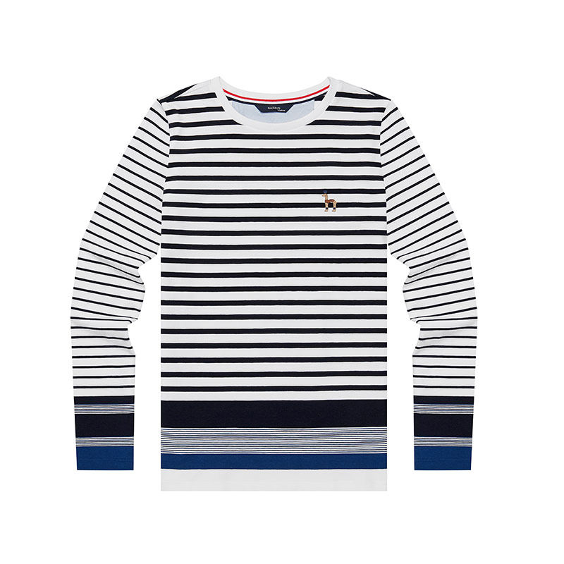 hazzys哈吉斯2019春季新款韩版条纹女装t恤时尚圆领学院风气质t恤