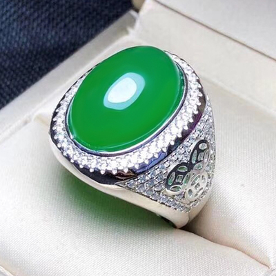 念玉s925镶嵌天然帝王绿玉戒指纯银男款活口玉色大戒镶钻手饰