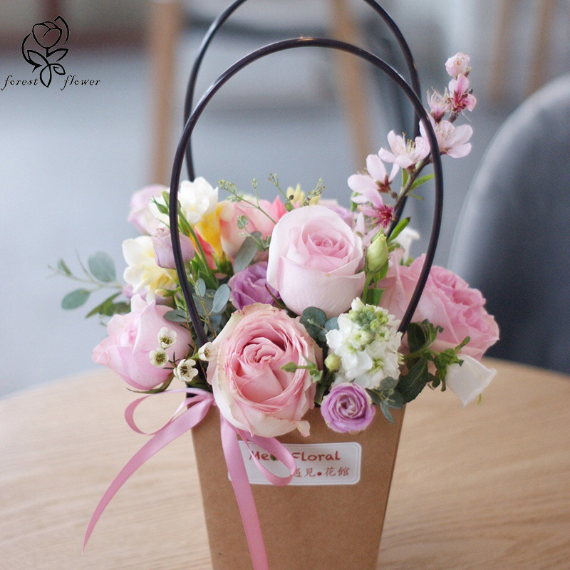 用品手提袋花束防水牛皮纸手提花篮花店韩式手工花艺包装盒