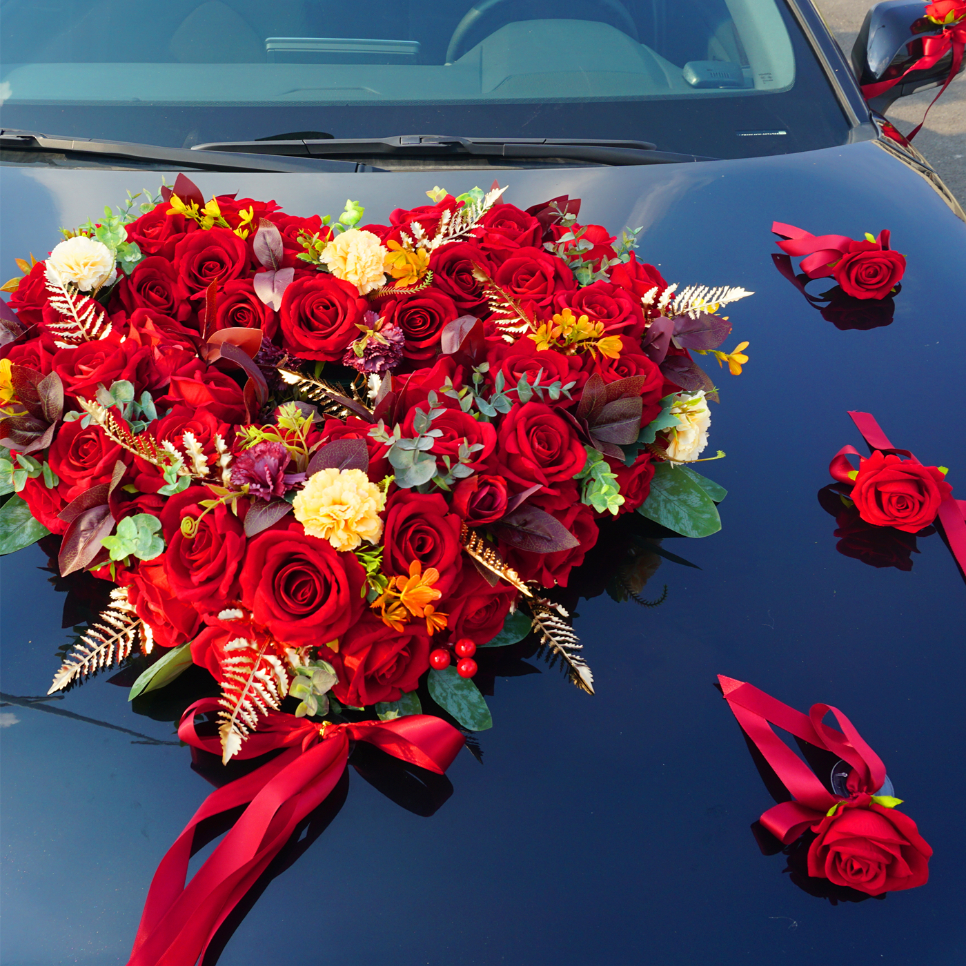 心形森系主婚车装装饰车头花用用品套装仿真婚车鲜花