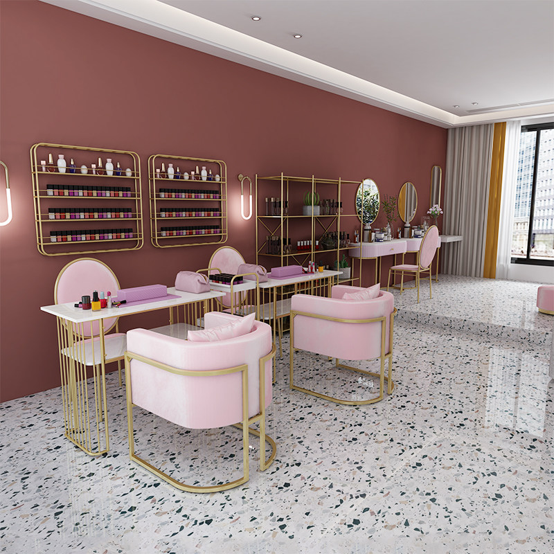 北欧铁艺美甲台桌椅套装简约现代单人网红美甲桌大理石美甲座桌子
