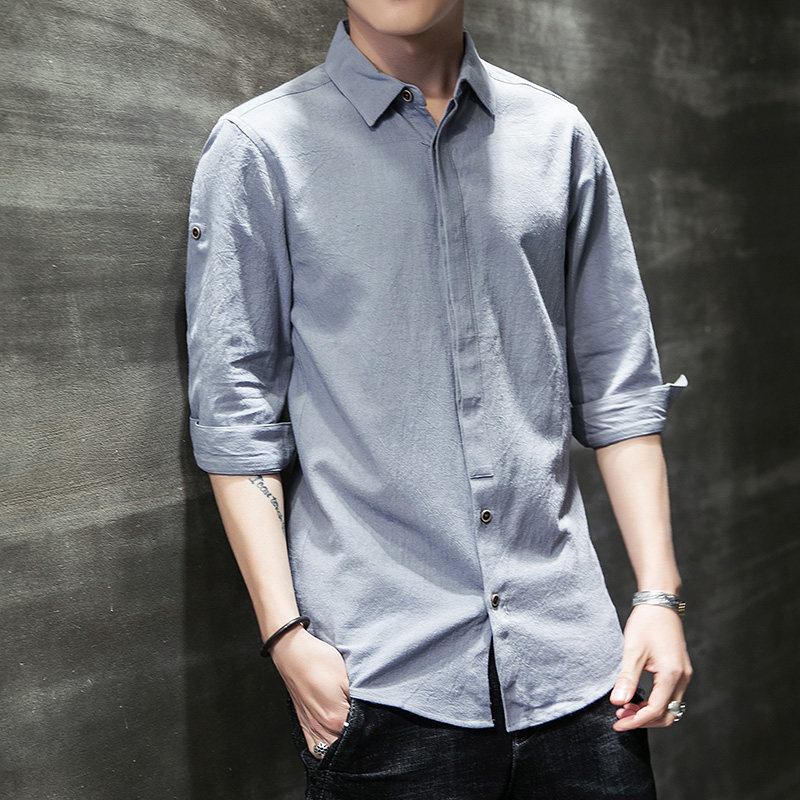 夏季薄款纯棉男士衬衫七分袖韩版修身潮流衬衣中袖百搭褶皱衣服男