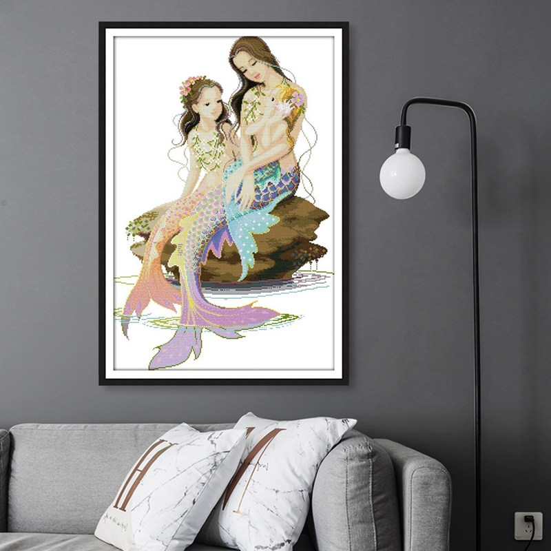 母子情深2022新款十字绣竖版美人鱼母女客厅卧室装饰画手工印花绣