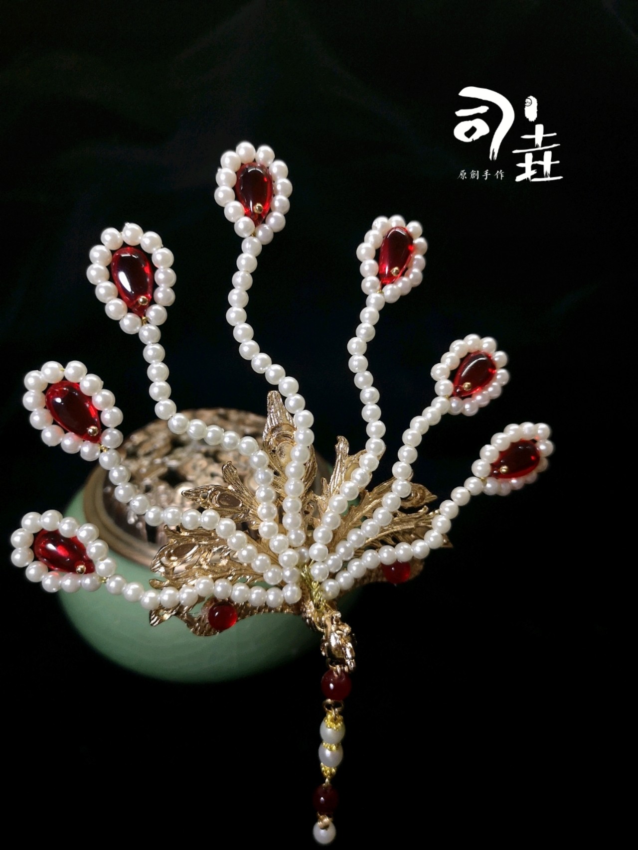 汉服原创红楼梦金丝凤簪 戏曲头面凤冠 正凤斜凤 九尾古典珍珠凤