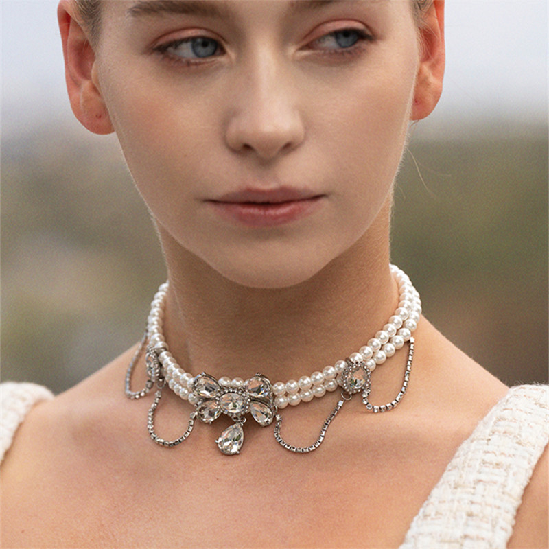 myrosebar乔欣同蝴蝶结多层珍珠项圈项链仙女锁骨项链