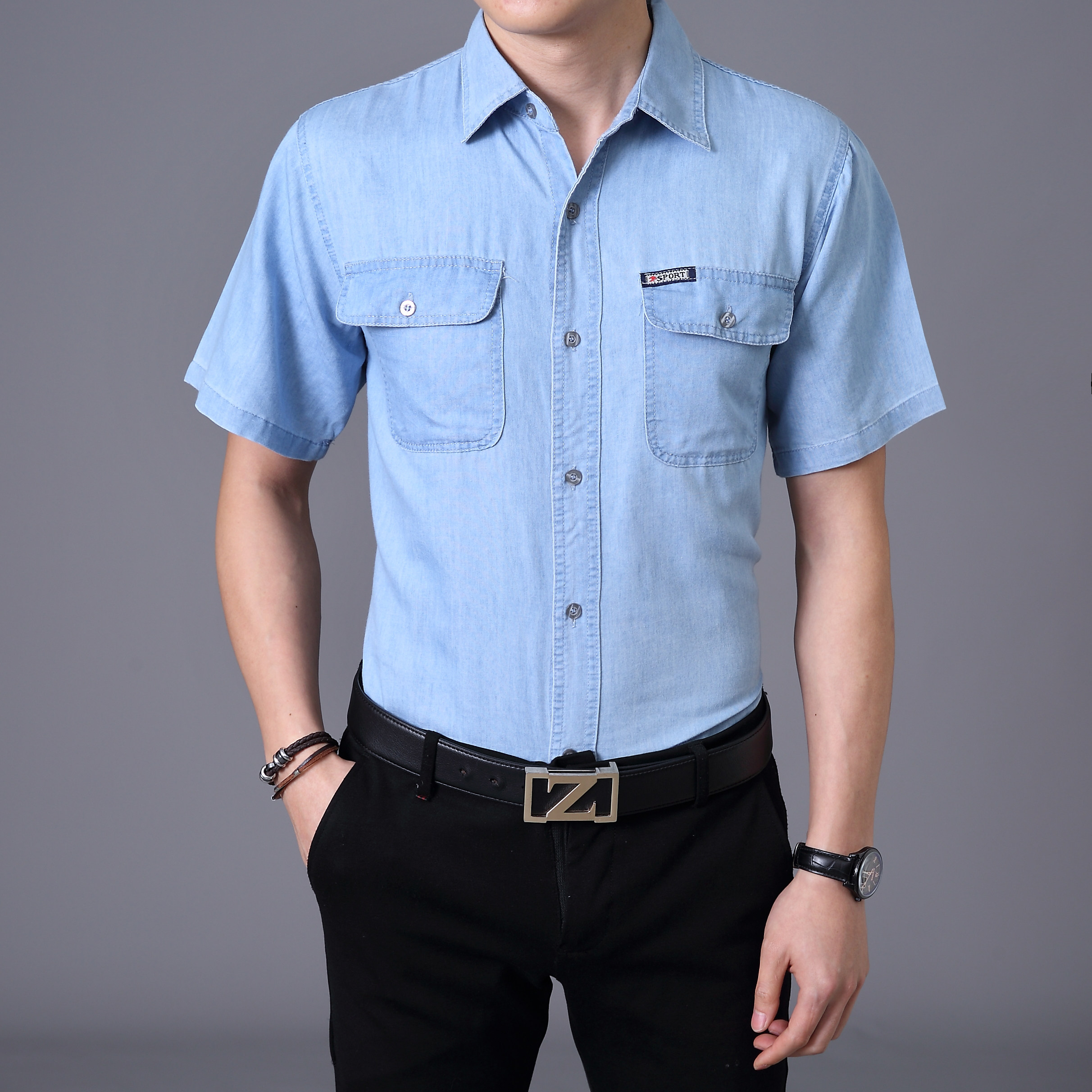 夏季牛仔衬衫工作服男短袖 薄款宽松加肥加大码 耐磨纯棉衬衣男潮