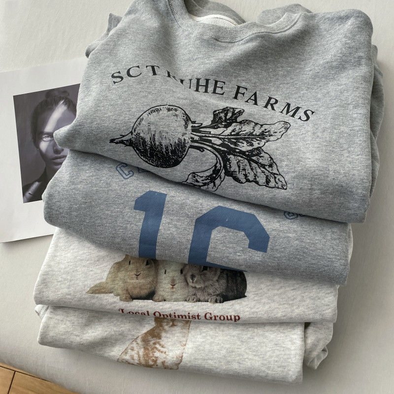 木品复古卡通字母休闲卫衣女秋季圆领印花长袖宽松美式套头上衣潮